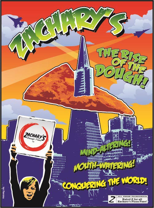 Poster for Zacharys: The Rise of the Dough! features a pizza slice above a city skyline with text: Wind-Altering!, Mouth-Watering!, Conquering the World! A person holds a Zacharys pizza box at the bottom.