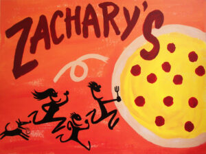 An illustration with a large pizza on the right and stylized figures running towards it with a fork. The top features the word Zacharys in bold, dark letters against a red and orange background.