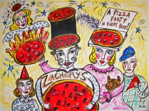 Colorful illustration featuring whimsical characters holding pizzas. One has a pizza in a top hat, another holds a sign reading A Pizza Party in Every Box! with cat. The word Zacharys is on a large pizza. Stars and abstract shapes fill the background.