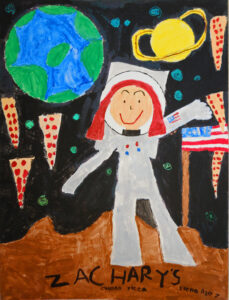 Colorful drawing of an astronaut on a planets surface. The astronaut holds an American flag, with Earth and a ringed planet in the background. Many slices of pizza float in space. The name Zacharys is written at the bottom.