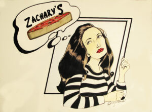 Illustration of a woman with long, dark hair, wearing a striped shirt, daydreaming about pizza. A thought bubble above her head holds an image of a pizza slice with the text Zacharys.