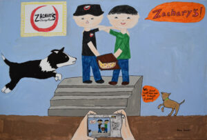 Two cartoon figures stand on steps, one holding a pizza box. A dog jumps nearby, while another small dog watches. A framed sign reads Zacharys Chicago Pizza. A hand holds a phone capturing the scene. Speech bubble exclaims, Zacharys!.