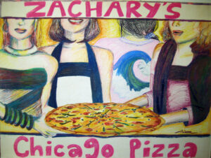 Colorful drawing of four people in aprons, smiling and holding a large pepperoni pizza. The text above and below reads Zacharys Chicago Pizza in bold, colorful letters.