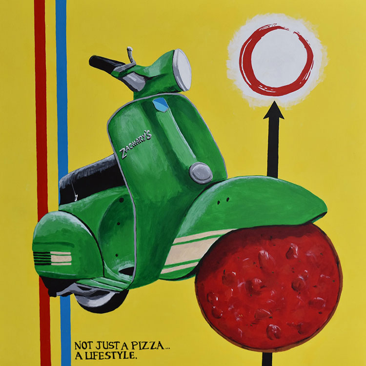 A colorful painting of a green scooter with its front wheel replaced by a large slice of pepperoni pizza. The background is yellow with red, blue, and black stripes, and the text reads, Not just a pizza... a lifestyle.