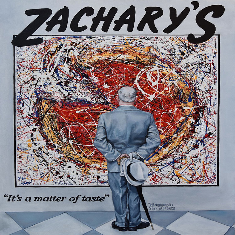 A man in a gray suit and hat stands with his back to the viewer, looking at an abstract painting with swirling red and black lines. The text above reads ZACHARYS, and below it says, Its a matter of taste. The floor is checkered.