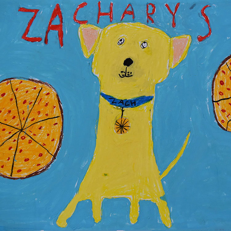 Childs drawing of a yellow dog with a blue collar labeled Zach. The dog is centered against a blue background. There are two pizzas, one on each side of the dog. Zacharys is written at the top in red letters.