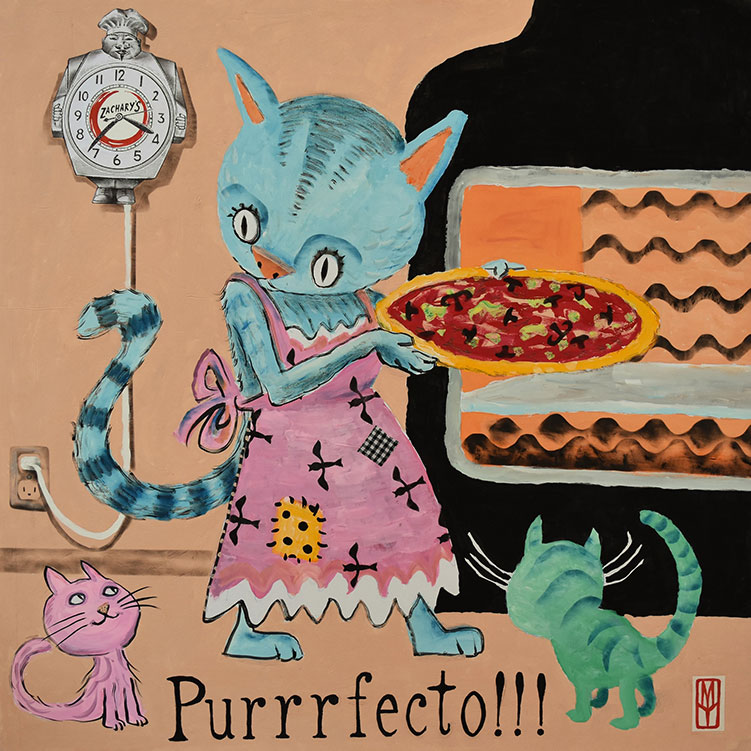 A blue cat wearing a pink apron holds a pizza in front of an orange oven. A clock with a cat face and tail hangs nearby. Another small green cat watches, while a pink cat is at the bottom. The word Purrrfecto!!! is written below.