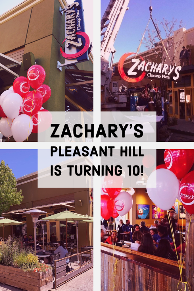 Collage of Zacharys Chicago Pizza celebrating its 10th anniversary in Pleasant Hill. Images show the restaurant exterior, a sign being installed, outdoor dining, and people inside with red and white balloons.