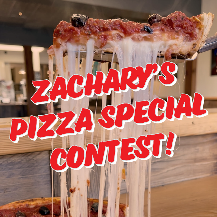 A slice of pizza being lifted, showing stretchy cheese and toppings, with the text Zacharys Pizza Special Contest! overlaid. The background shows a cozy dining area with wooden accents.