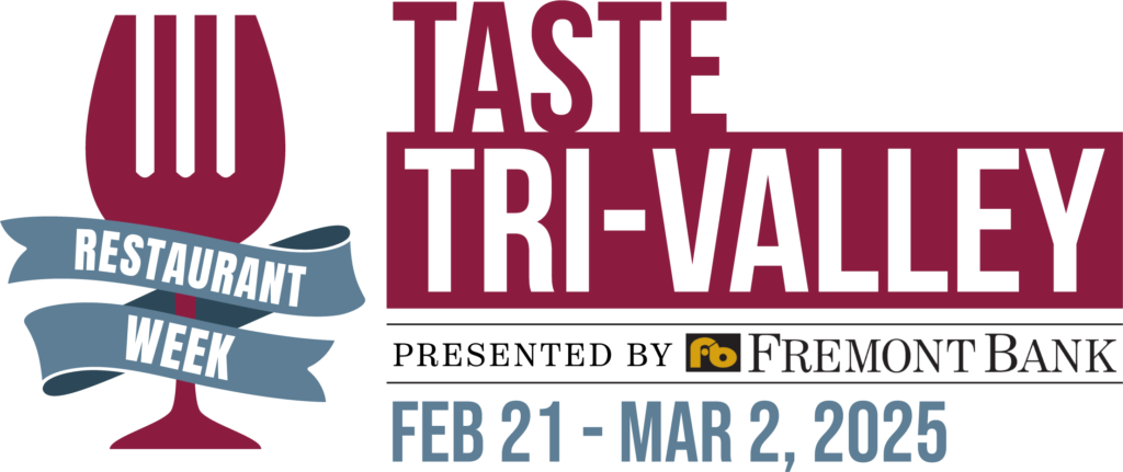 Promotional graphic for Taste Tri-Valley Restaurant Week sponsored by Fremont Bank, with event dates February 21 to March 2, 2025. Features a maroon fork graphic and blue ribbon.