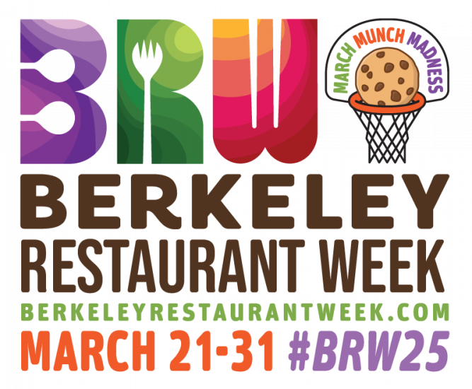 Colorful logo for Berkeley Restaurant Week with the theme March Munch Madness. Includes the dates March 21-31, website BerkeleyRestaurantWeek.com, and hashtag #BRW25. The letter O is designed as a cookie in a basketball net.