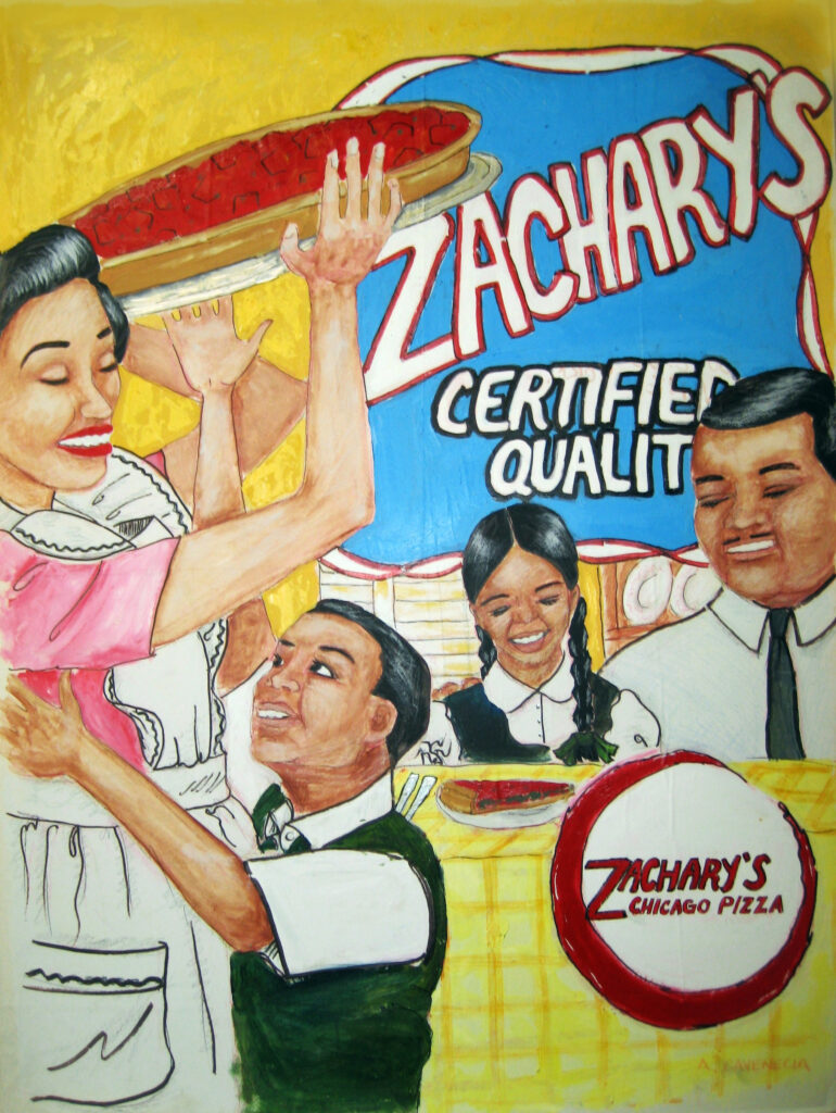 A smiling woman holds up a pizza as two children and a man watch happily. Behind them is a large sign reading Zacharys Certified Quality and a round logo for Zacharys Chicago Pizza.