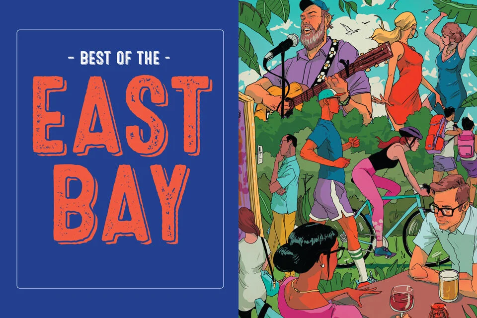 Split image: Left side has bold text Best of the East Bay on a blue background. Right side is a colorful illustration of people enjoying outdoor activities, music, and dining in a lively setting.