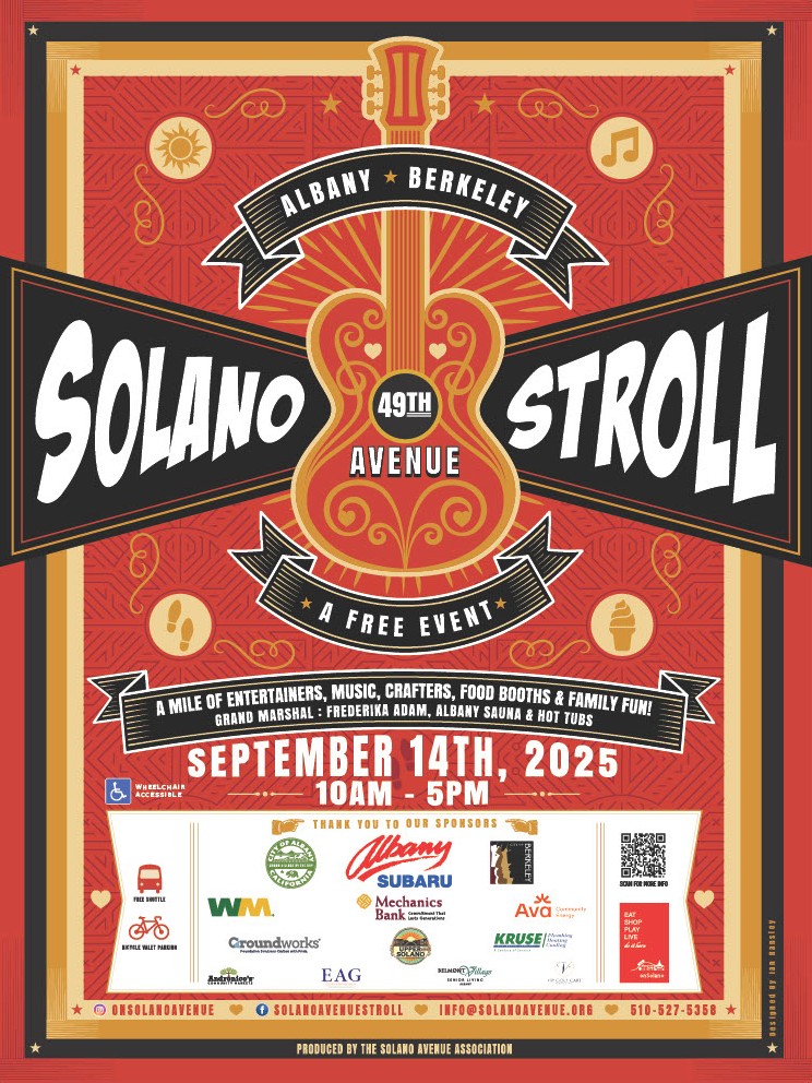 Poster for the 49th Solano Avenue Stroll featuring a guitar graphic and event details: September 14th, 2025, 10AM–5PM, Albany/Berkeley. Free event with music, entertainment, booths, and sponsors listed below.