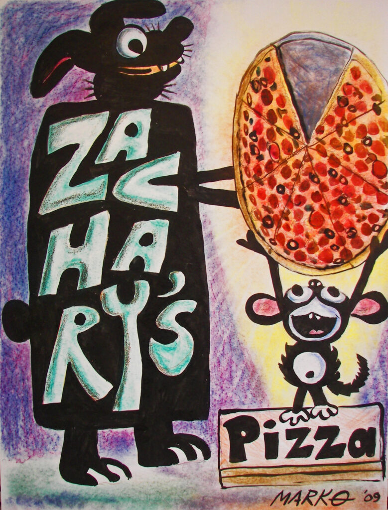 A colorful drawing of a tall black animal holding a pizza above a smiling mouse. The text Zacharys is written on the animal, and Pizza appears on a sign near the mouse. The artists name, Mark, is at the bottom right.