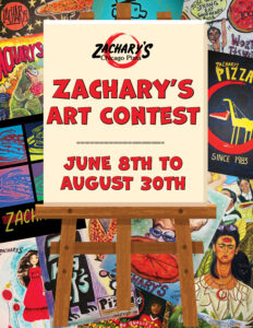 An easel displays a sign reading Zachary’s Art Contest, June 8th to August 30th in bold red letters, against a colorful collage of pizza-themed artwork in the background.