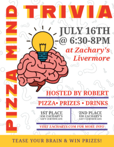 Poster for Pizza Mind Trivia at Zacharys Livermore on July 16th, 6:30-8pm. Features a brain with a light bulb, event prizes, and details about pizza, drinks, and gift certificate awards.